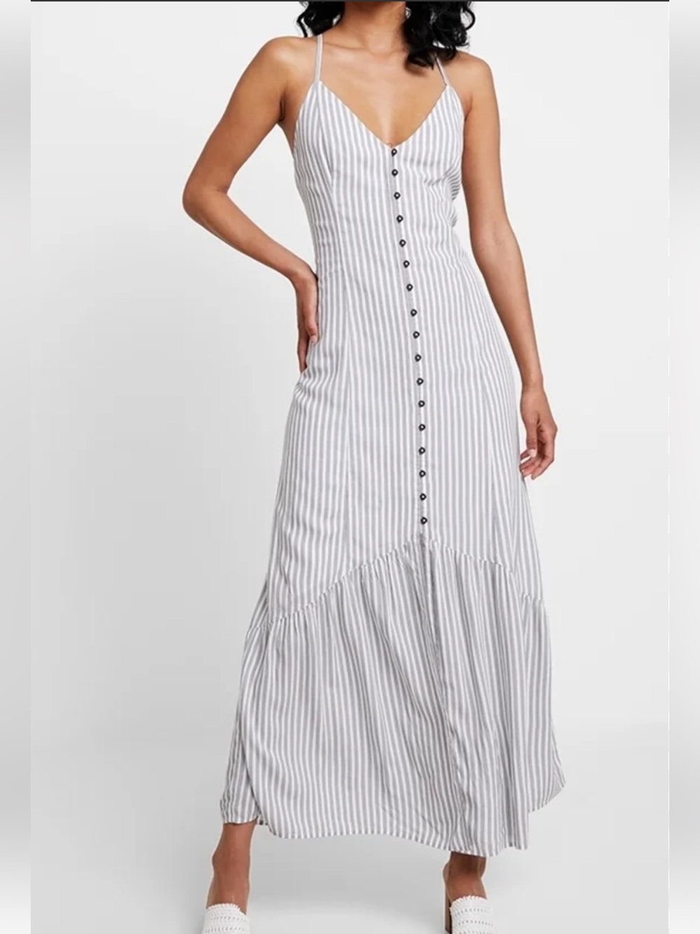 A & F Striped Button-Front Spaghetti Strap Maxi Dress
